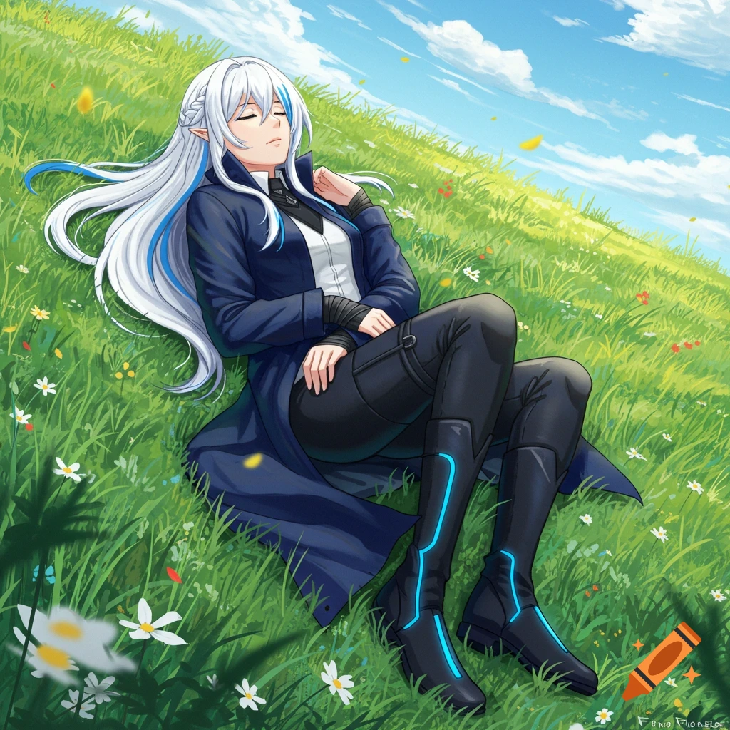 An anime woman with white hair and elf ears sleeps peacefully in a field of green grass and wildflowers under a blue sky.