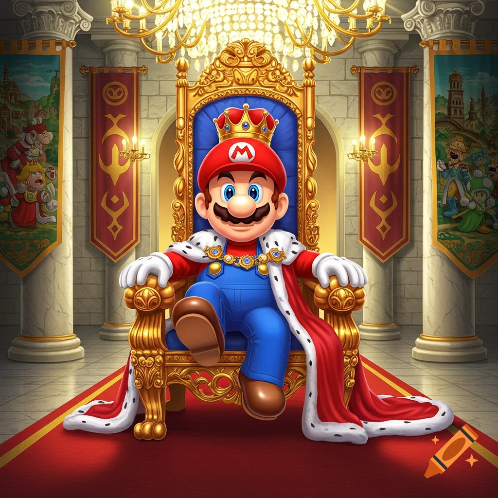 Mario sits on an ornate golden throne in a regal hall, wearing a crown and red king's robe with a white fur trim.