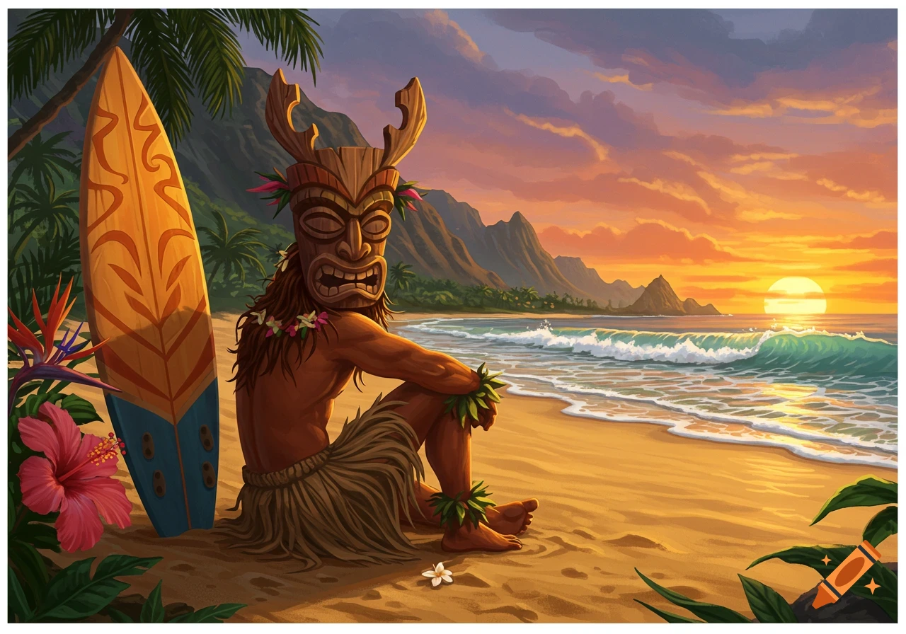 A long-haired figure wearing a tiki mask and grass skirt sits on a sandy beach next to a surfboard at sunset.