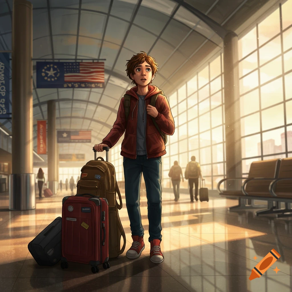 An anime-style young boy with a backpack stands in a bright, modern airport terminal, pulling a red suitcase. Other travelers are in the background.
