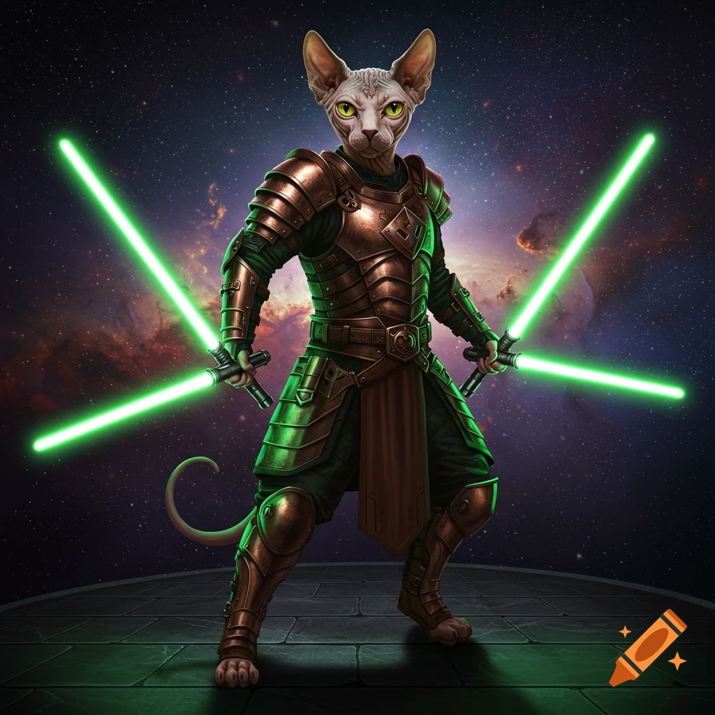 A Sphynx cat-like warrior in bronze armor stands against a starry space background, holding two glowing green lightsabers.