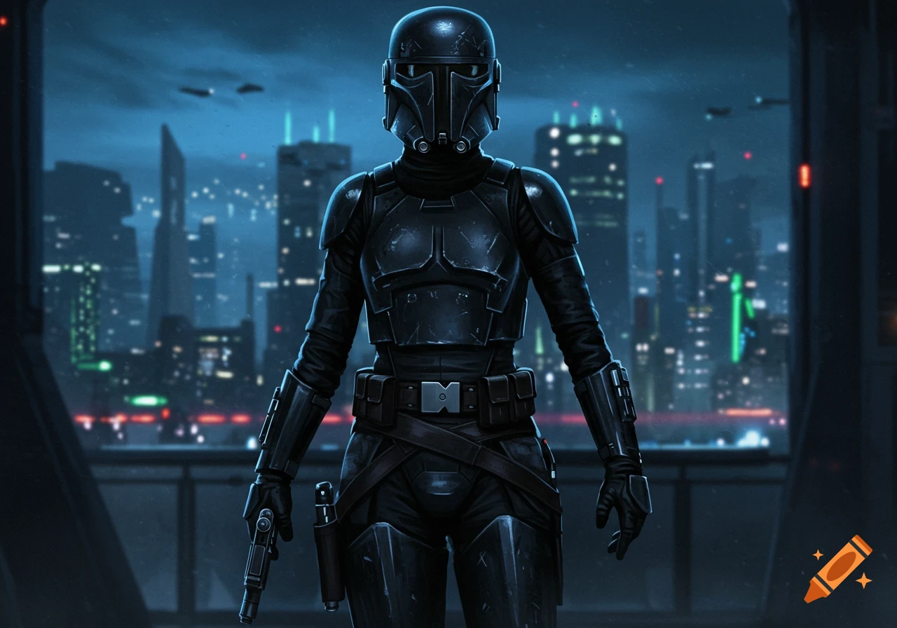 A confident female bounty hunter in black armor stands holding a pistol against a backdrop of a futuristic city at night.