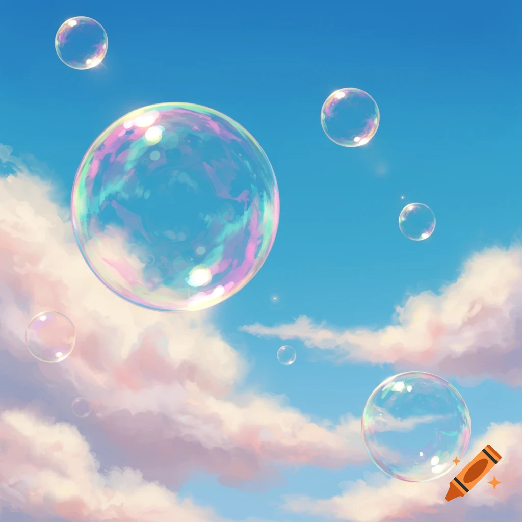 Colorful iridescent bubbles floating in a blue sky with pink and white clouds.