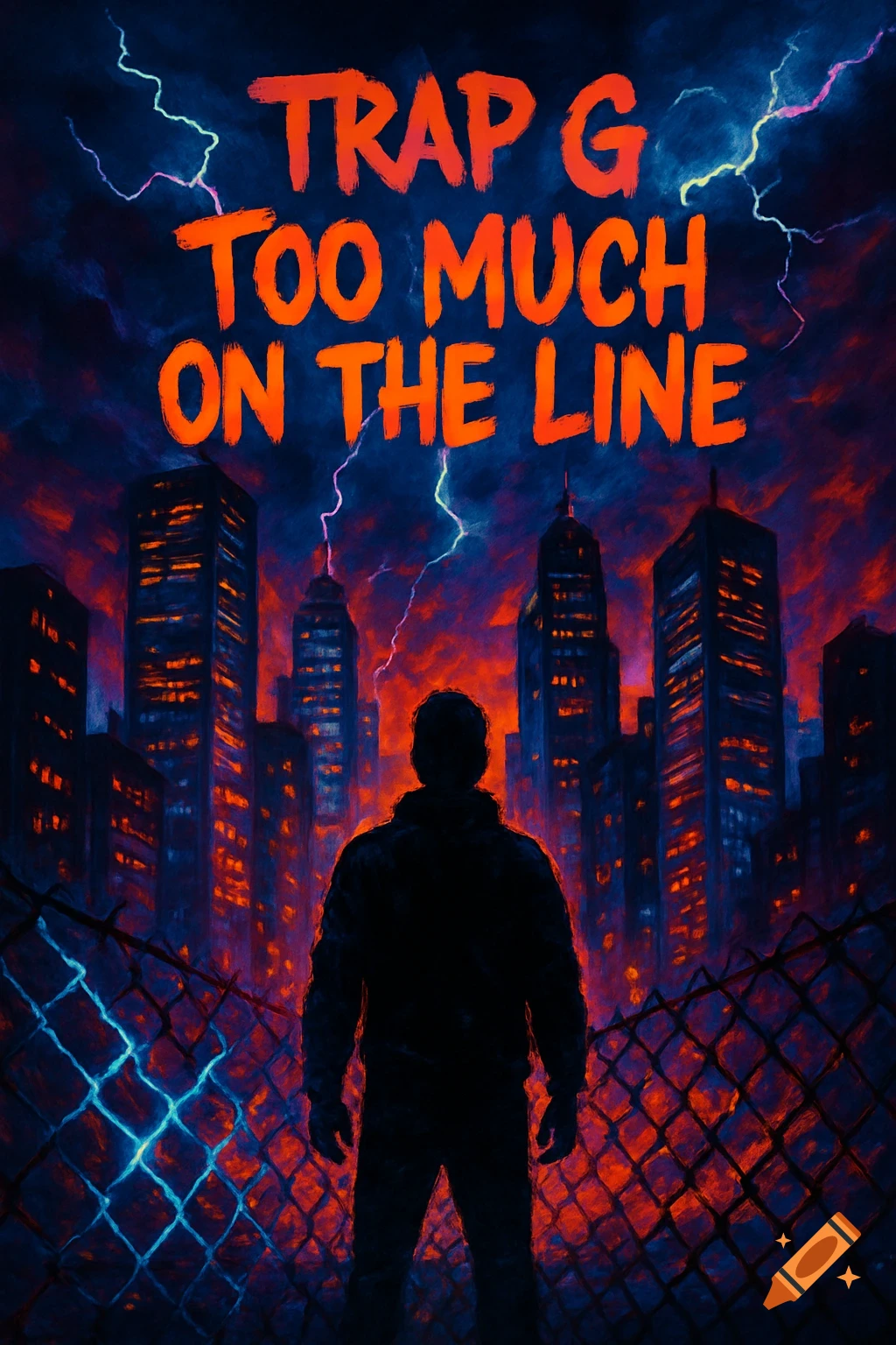 A silhouetted figure stands before a dark, stylized city skyline under a stormy sky with lightning and bold orange text.