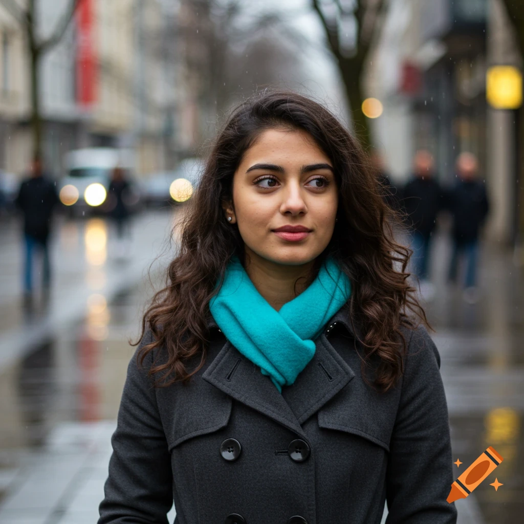 Photorealistic portrait of a young woman with dark curly hair and a teal scarf on a city street.