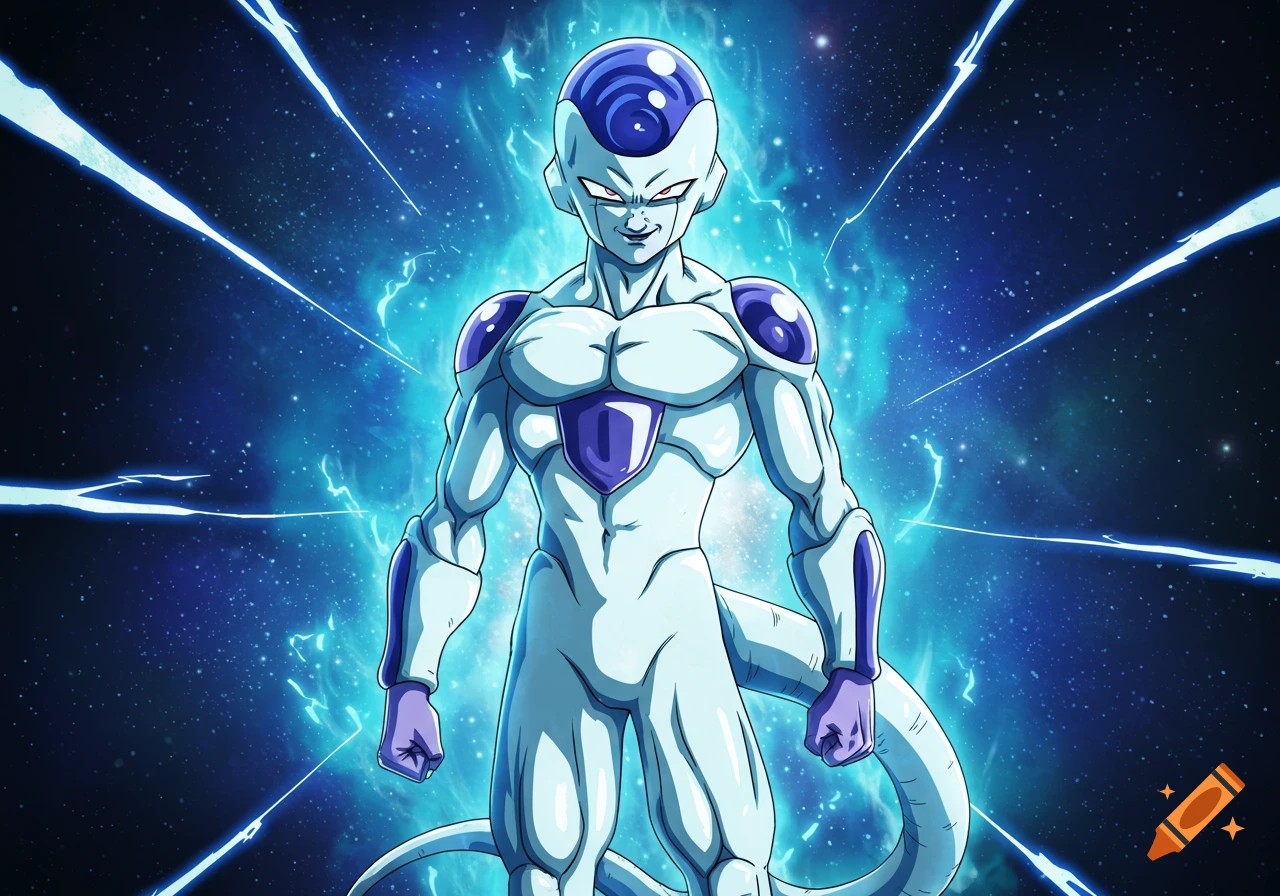 Frieza, a white and purple anime character, stands in his final form against a glowing blue starry space background.