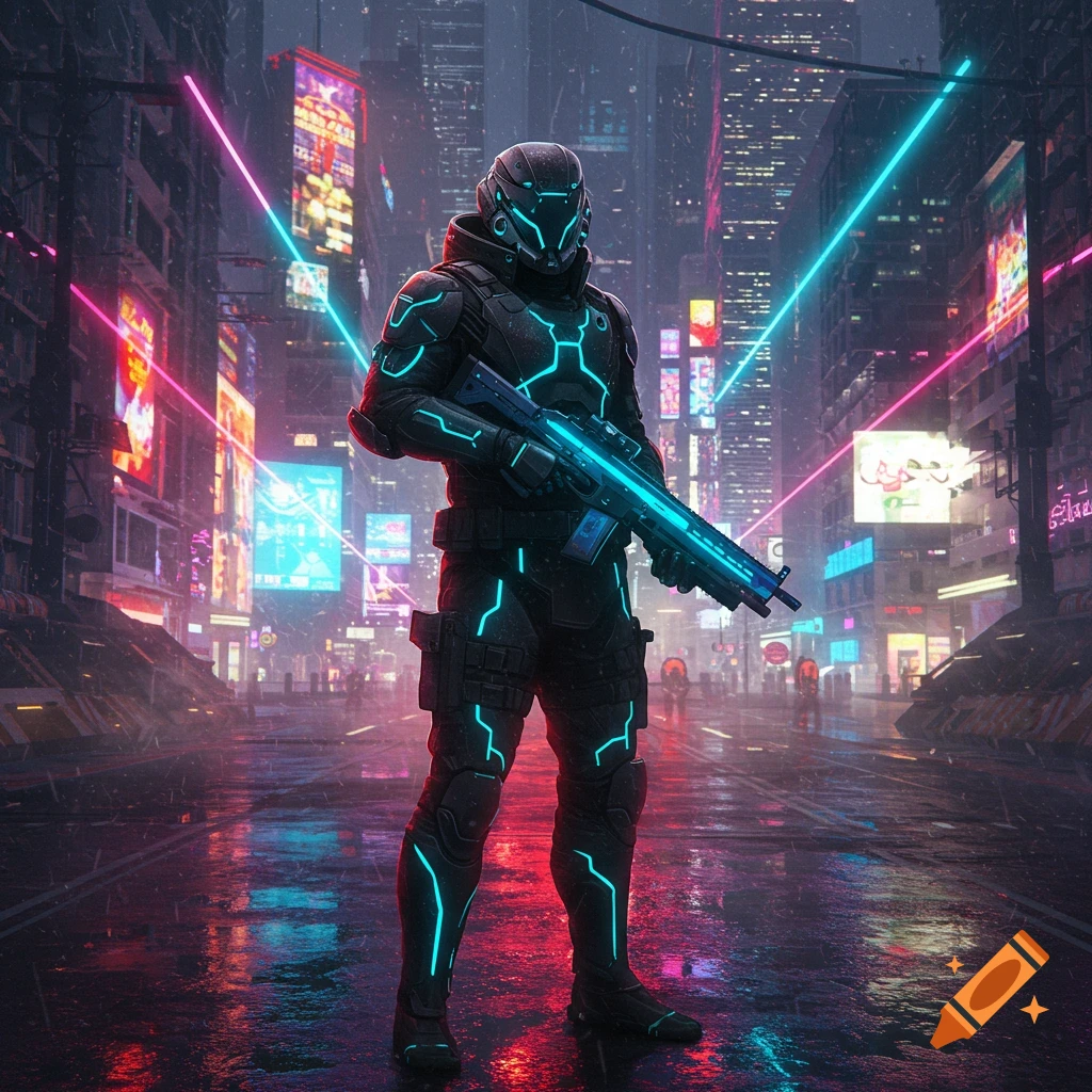 A futuristic soldier in black armor with neon blue lights stands on a wet cyberpunk city street at night, holding a glowing rifle.