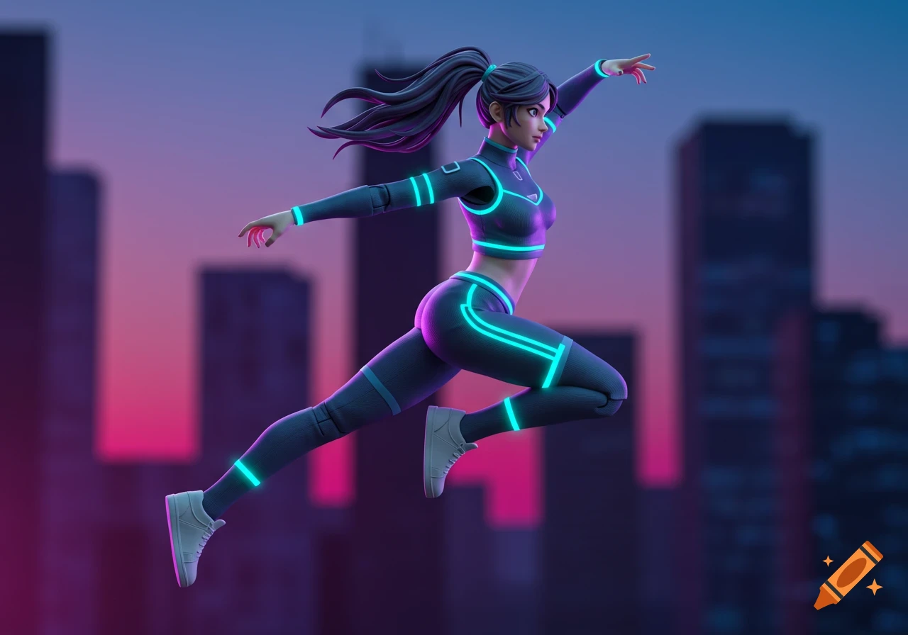 A 3D rendered stylized female character in a dark outfit with glowing cyan lines leaps against a blurred neon city background.