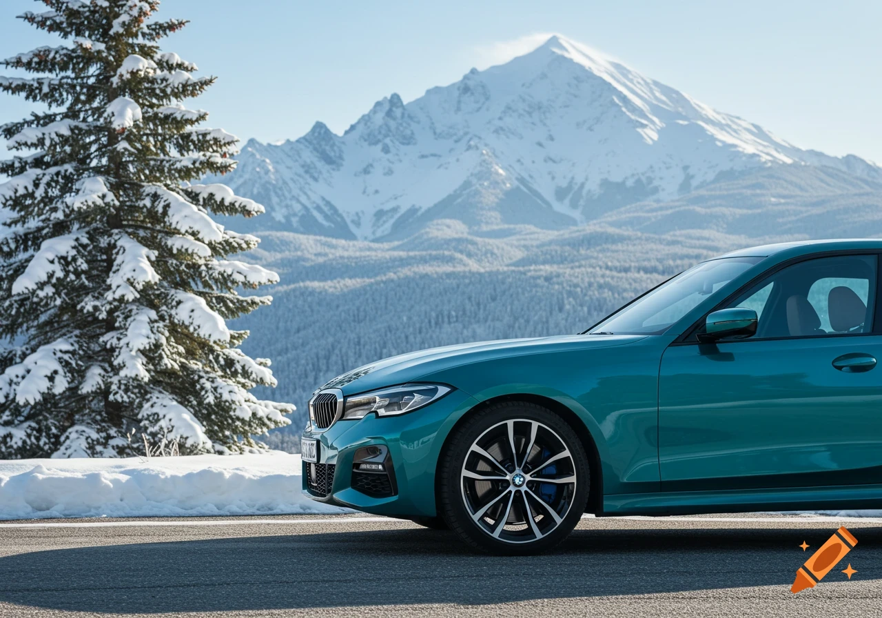 A teal BMW car on a snowy road with a snow-covered evergreen tree and majestic snowy mountains in the background, photorealistic.