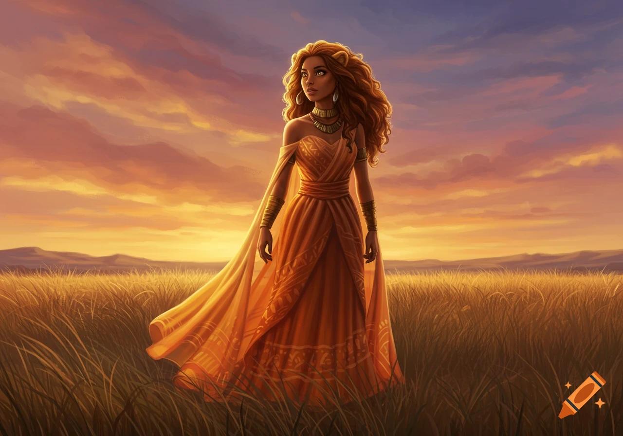 A woman with lion ears and wavy auburn hair, wearing an orange and gold dress, stands in a field of tall grass at sunset.