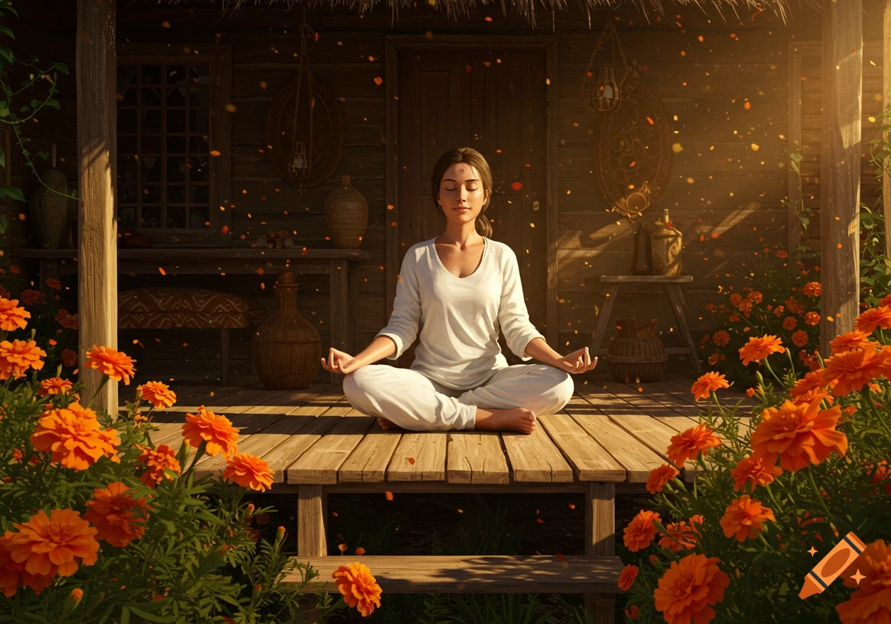 A woman meditates in a yoga pose on a wooden porch surrounded by orange marigolds in bright sunlight. Photorealistic.