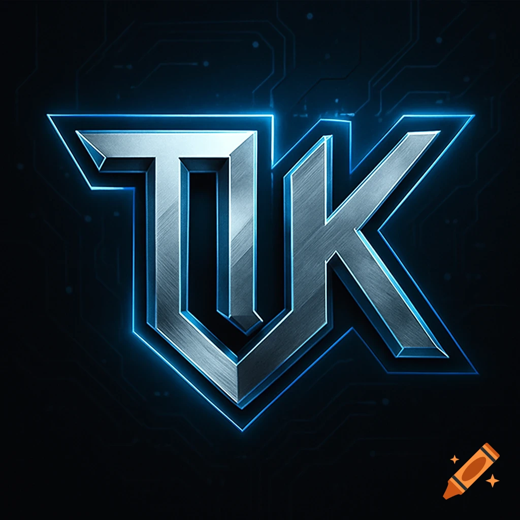 A metallic, stylized logo with the letters T and UK in a blue glow against a dark, circuit board-like background.