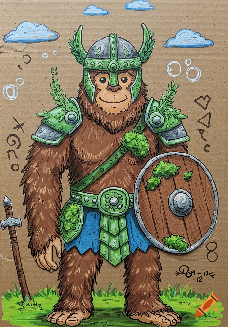 Cartoon Bigfoot warrior in green armor and horned helmet holding a wooden shield, standing on grass against a cardboard background with clouds.