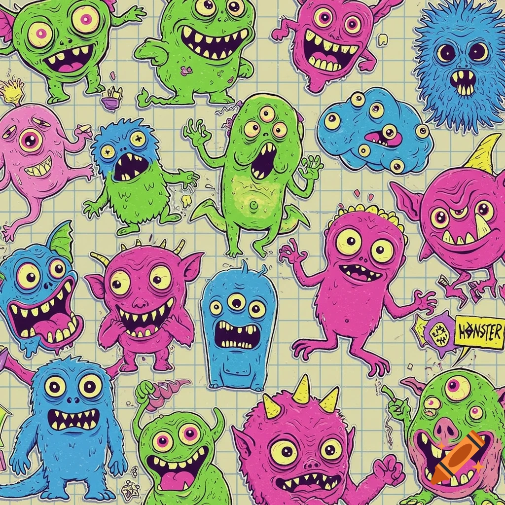 A chaotic pattern of colorful, cartoonish monsters with exaggerated features, on a gridded background, resembling a sticker sheet.