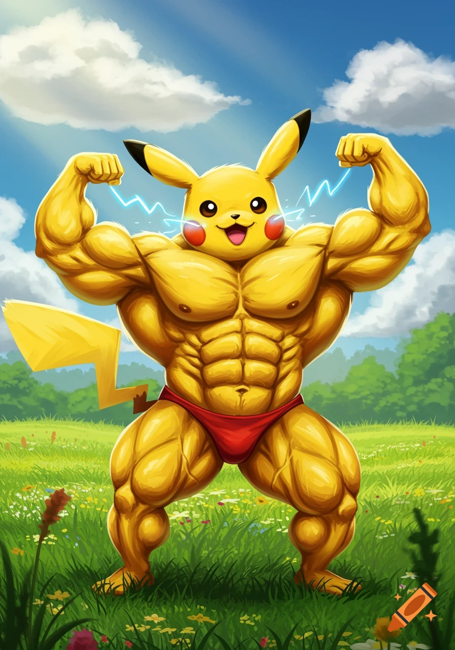 A muscular Pikachu in a red speedo flexes its biceps in a grassy field under a sunny sky.