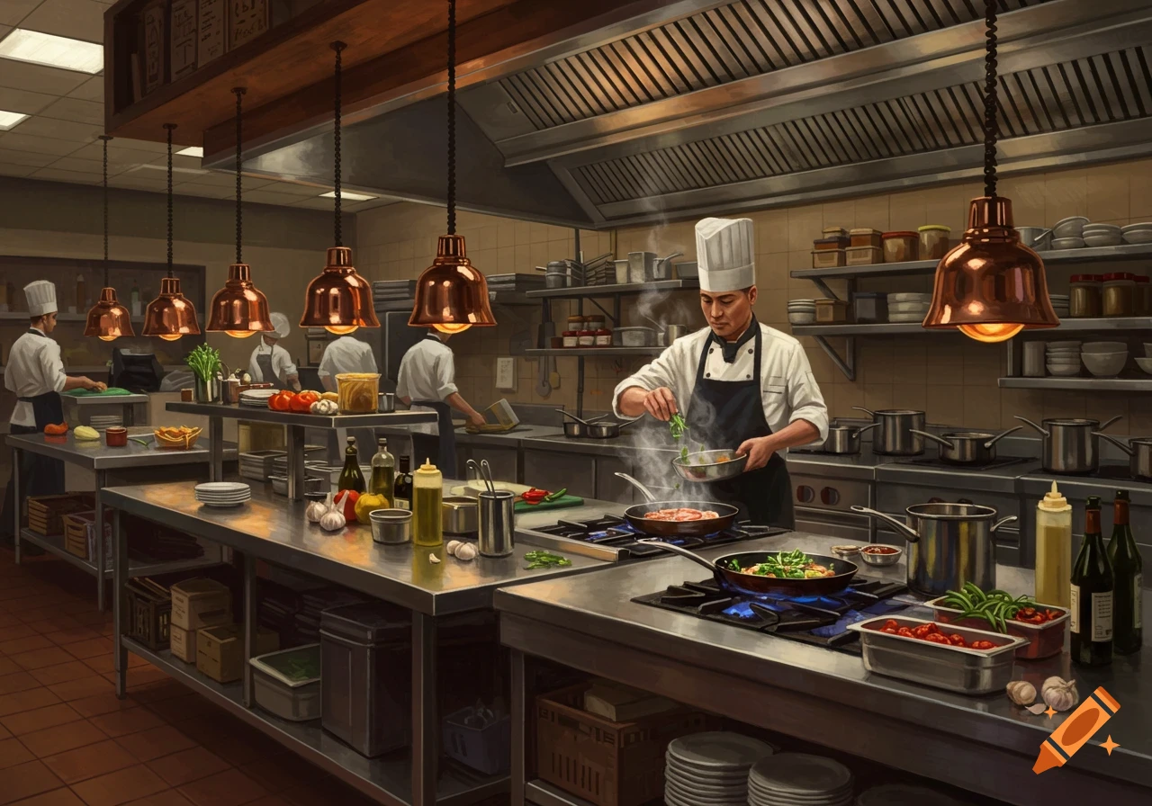 Chefs work in a busy, photorealistic commercial kitchen, preparing food at multiple stations.