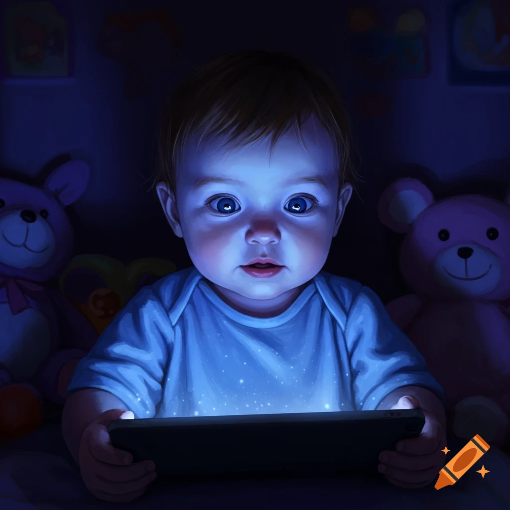 Close-up of a baby staring at a glowing tablet in a dark room, with blue light illuminating their face, digital art style.