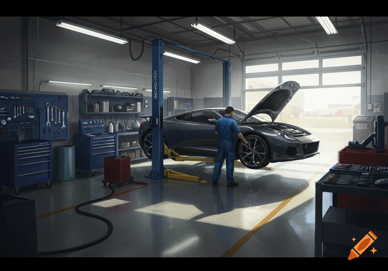 A mechanic works on a sports car lifted in a clean, well-lit car repair garage.