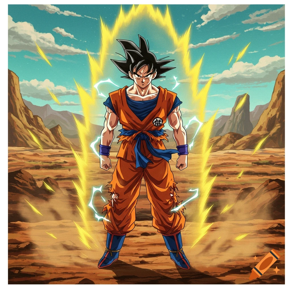 A powerful depiction of Goku, a muscular anime character, standing in a barren landscape with a yellow energy aura surrounding him. He wears an orange gi and blue belt.