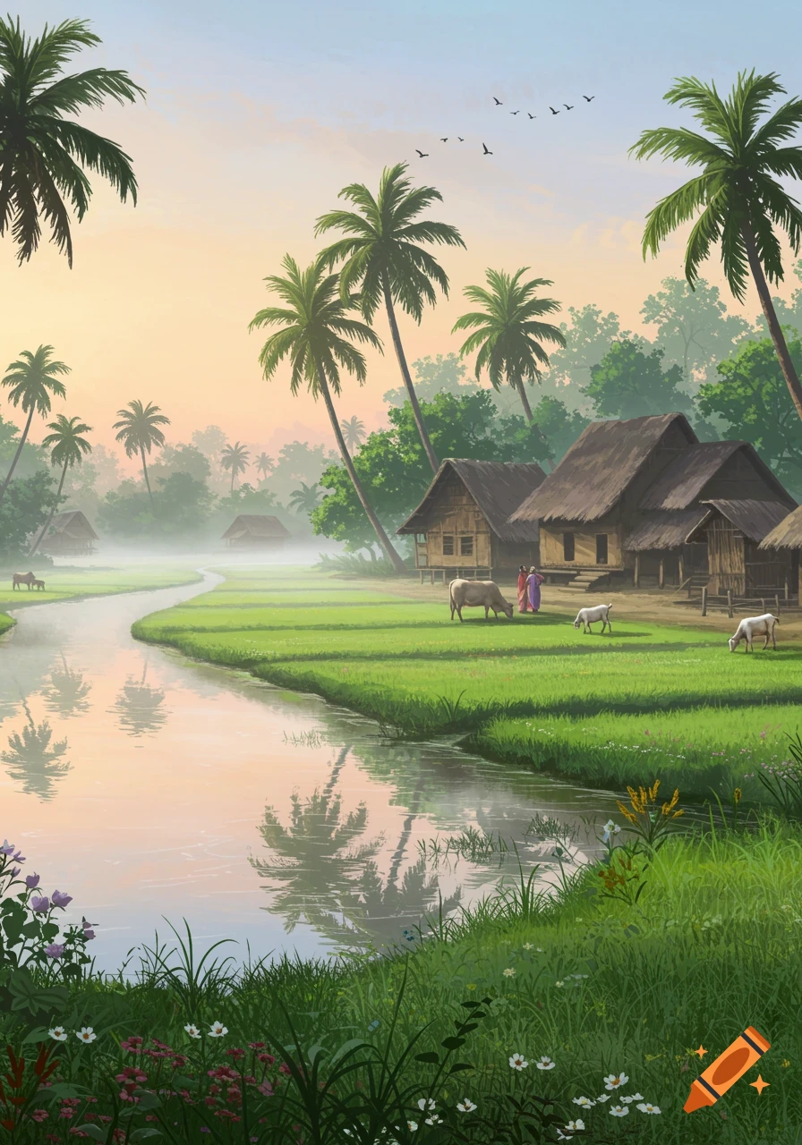A tranquil village scene with traditional huts and palm trees beside a winding river and green fields where cows graze, under a soft, clear sky.