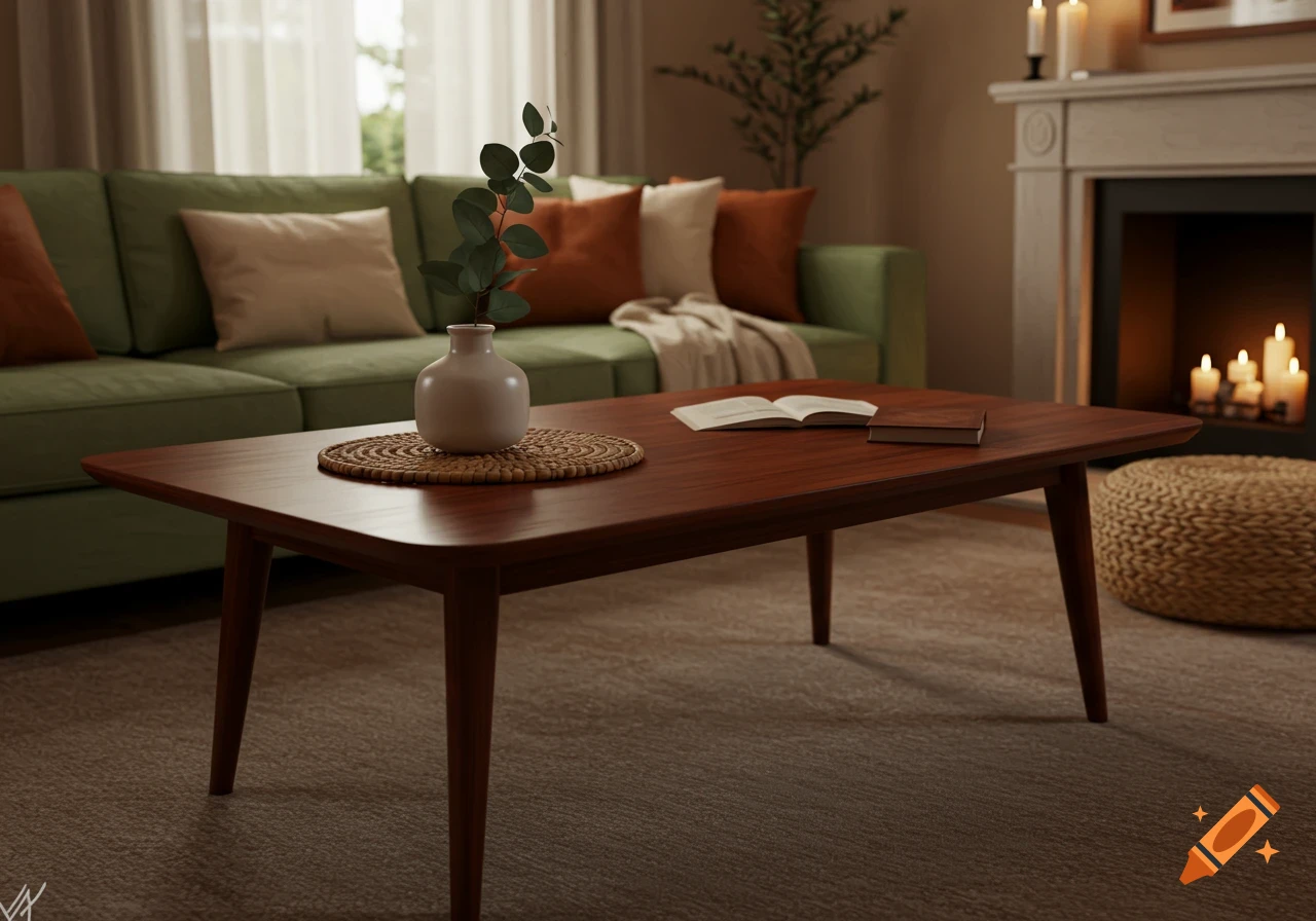 A cozy living room with a green sofa, a dark wood coffee table with a vase and books, and a fireplace with lit candles.
