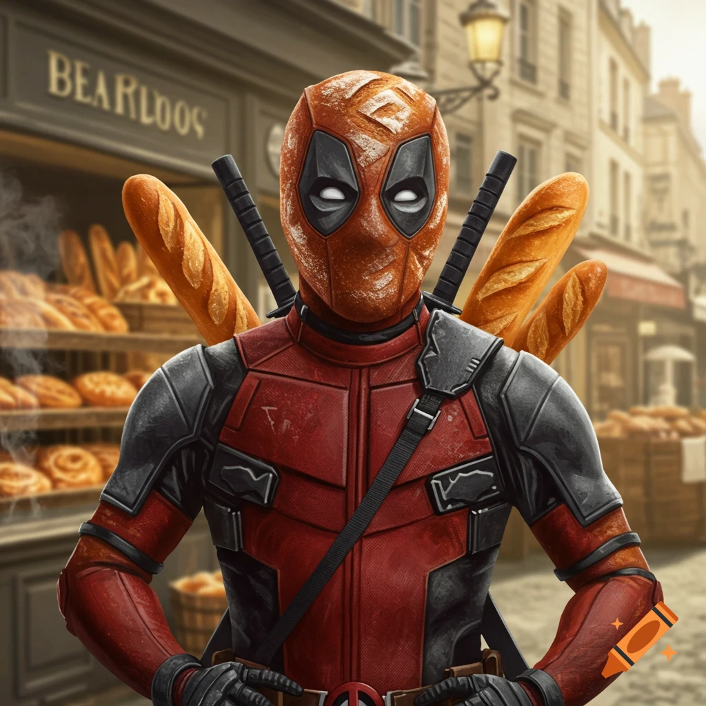 Deadpool with a bread-textured mask and baguettes on his back stands in front of a bakery on a city street.