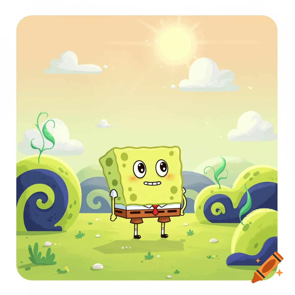 A cartoon yellow square character resembling SpongeBob stands in a vibrant green landscape with swirling plants under a sunny sky.