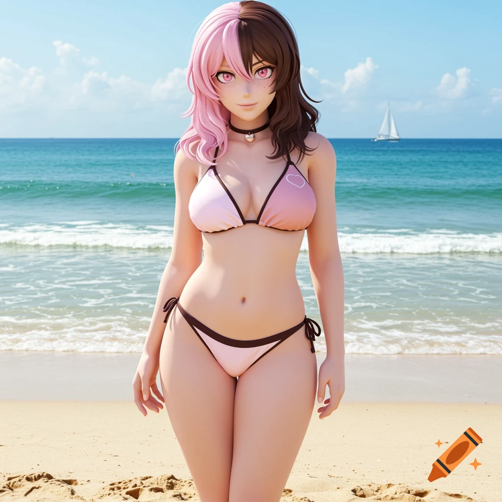 An anime girl with pink and brown hair wearing a pink bikini stands on a sandy beach with the ocean behind her and a sailboat in the distance.