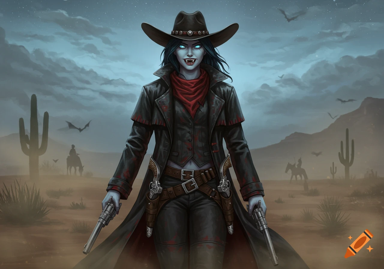 A blue-skinned vampire cowgirl in a black duster and cowboy hat, holding revolvers in a dusty desert at twilight.