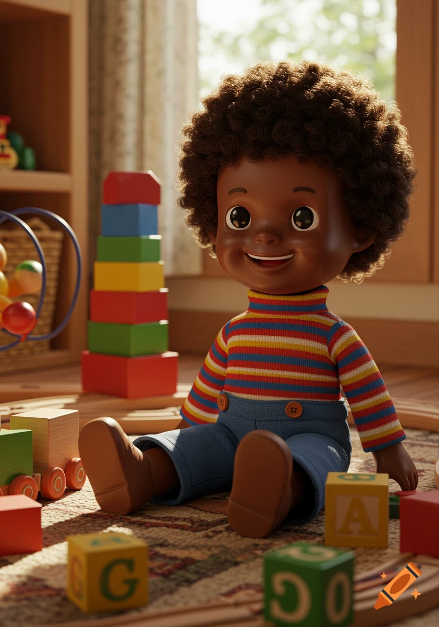 A photorealistic image of a vintage toy doll with an afro, wearing a striped shirt, sitting on a rug surrounded by colorful building blocks in a sunlit room.