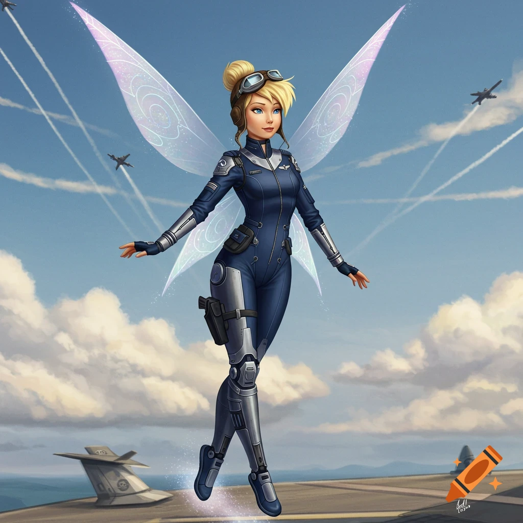 A blonde fairy in a blue pilot suit and goggles floats above an aircraft carrier with fighter jets in the sky, digital art.