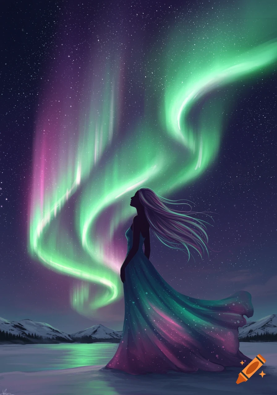 An illustration of a woman in a flowing dress silhouetted against a vibrant green and pink aurora borealis over a snowy landscape.
