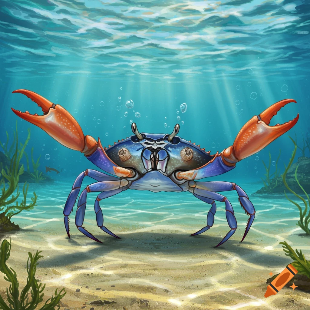 An illustration of a blue crab with orange claws standing on the sandy ocean floor with sunlight streaming through the water.