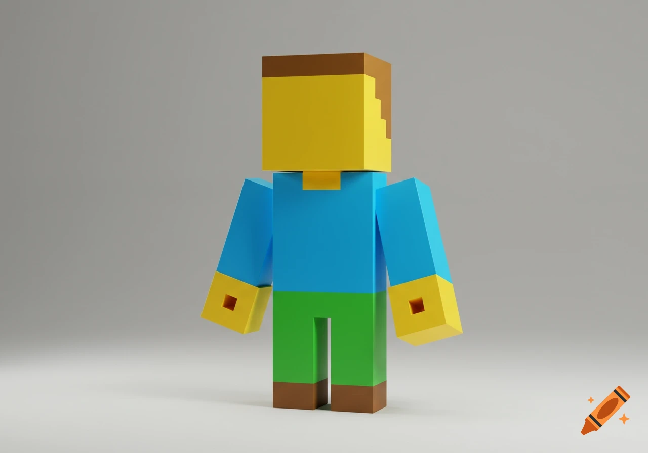 A 3D render of a blocky person with a yellow head and arms, a blue shirt, and green pants.