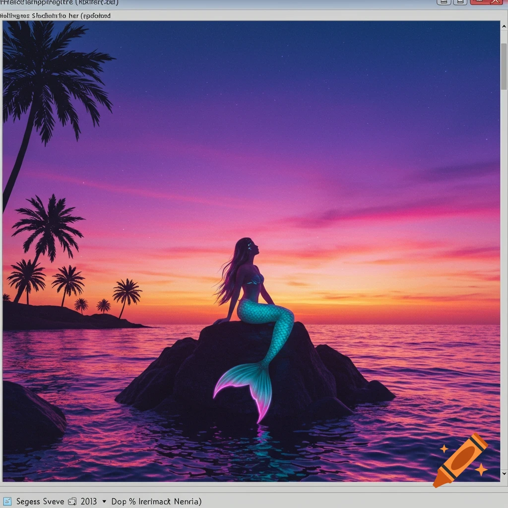 A colorful mermaid with a pink-tipped tail sits on a rock in the ocean at sunset with palm trees. The image is framed by a retro Windows 98-style application border.