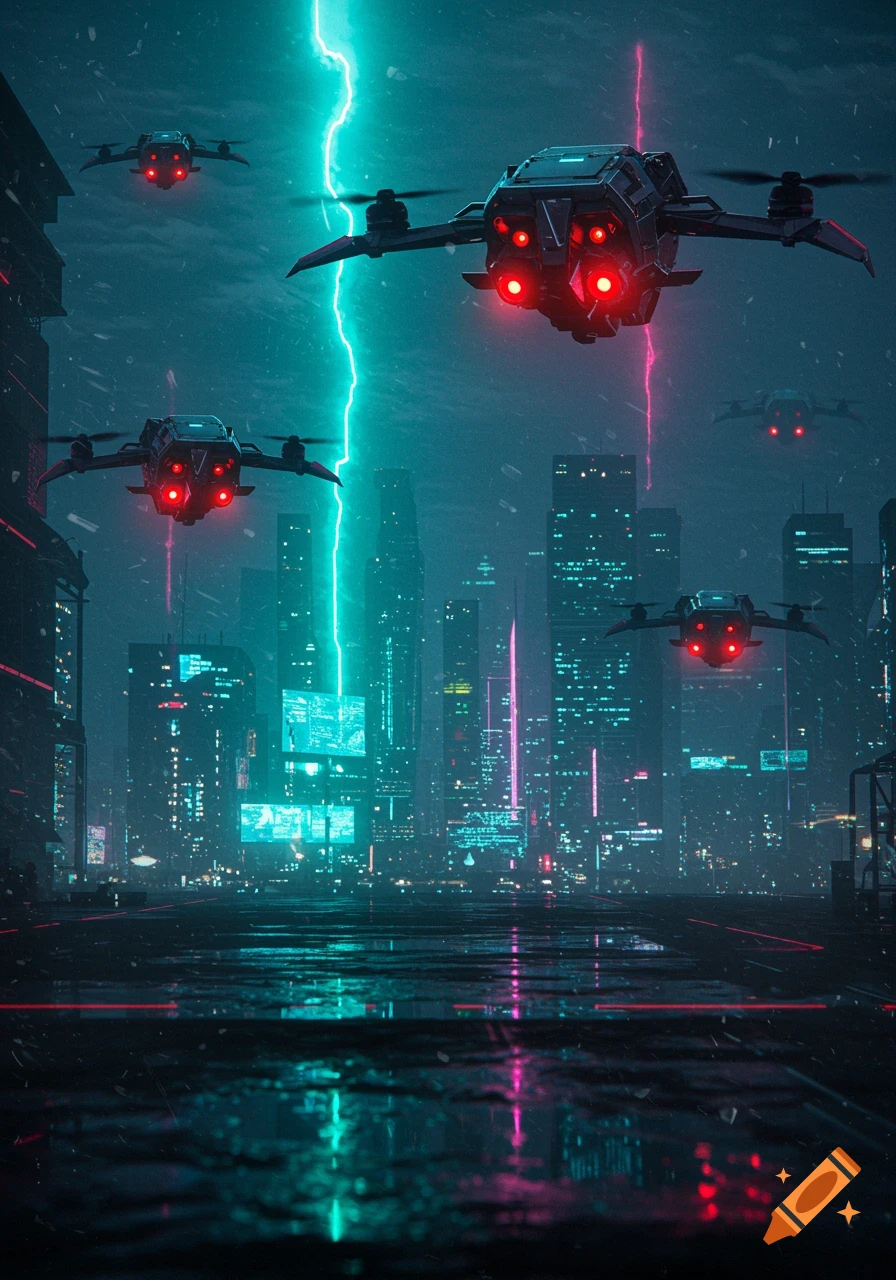 Several armed drones with glowing red lights fly over a rainy, neon-lit cyberpunk city at night with a bright green lightning bolt in the sky.