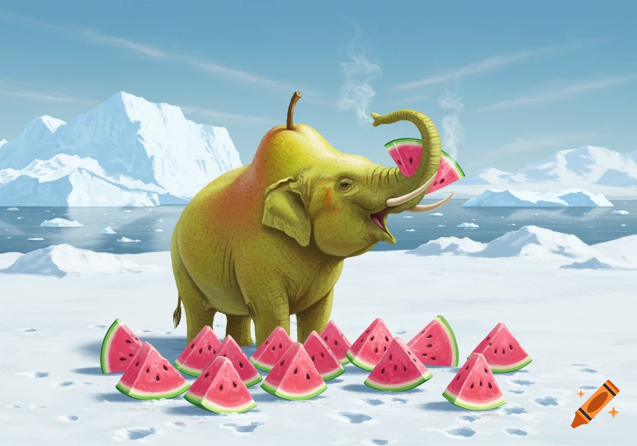 A pear-shaped elephant eats watermelon slices in a snowy Antarctic landscape.