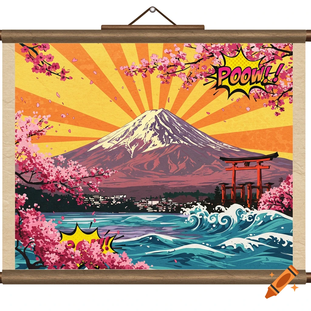 Pop art Japanese scroll with Mount Fuji, torii gate, cherry blossoms, crashing waves, and a 'POOW!' speech bubble.