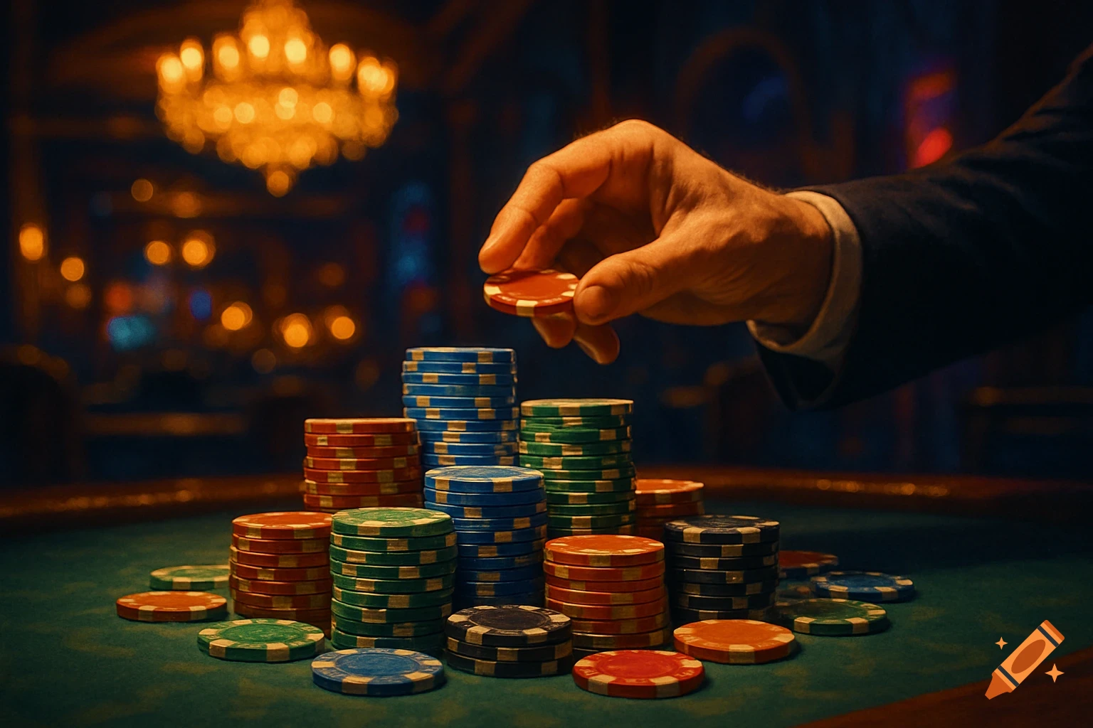 Close-up of a hand placing a red poker chip on a table surrounded by stacks of colorful chips in a casino setting.