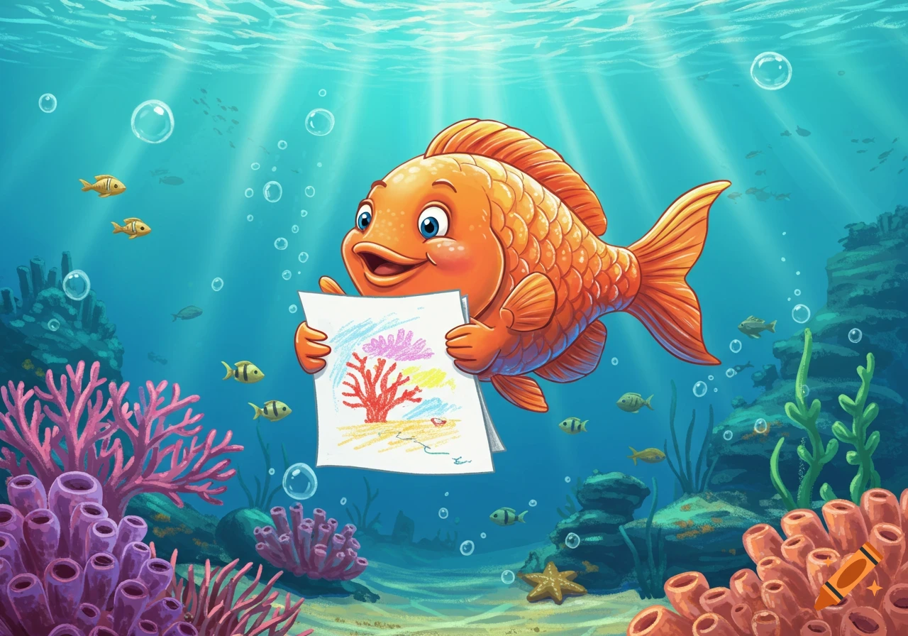 A happy orange cartoon fish holds up a child's drawing of a red coral reef and blue sky, floating in a vibrant blue ocean with sunlight, other fish, and colorful coral.