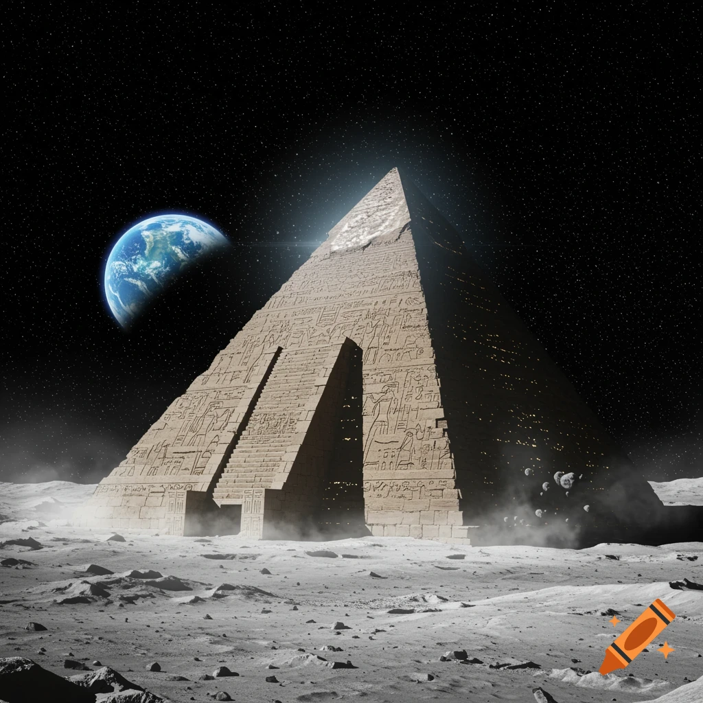A giant pyramid covered in hieroglyphics stands on the moon's surface under a starry sky, with Earth visible in the distance. Photorealistic style.