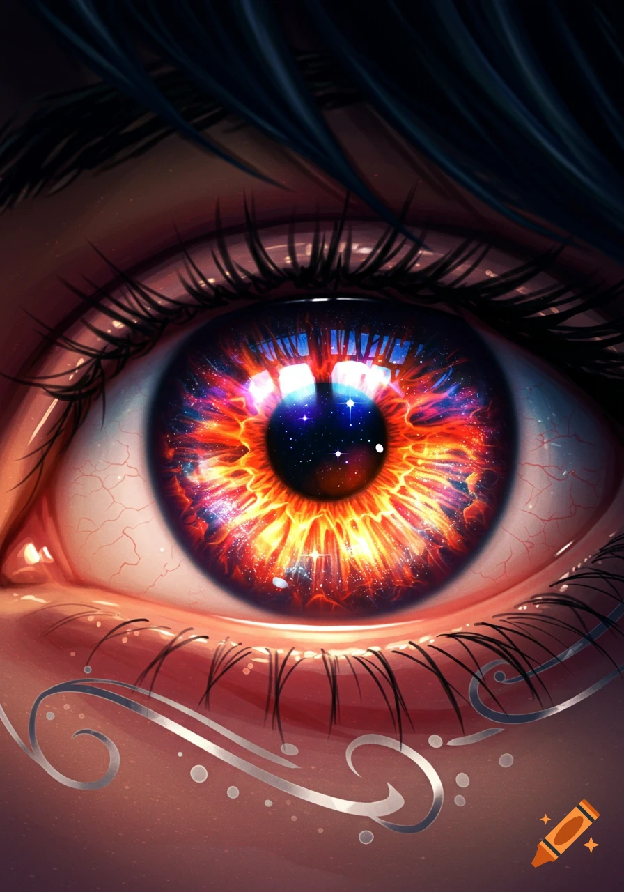 Close-up of an anime-style eye with a vibrant galaxy and fiery iris, long lashes, and decorative silver swirls.