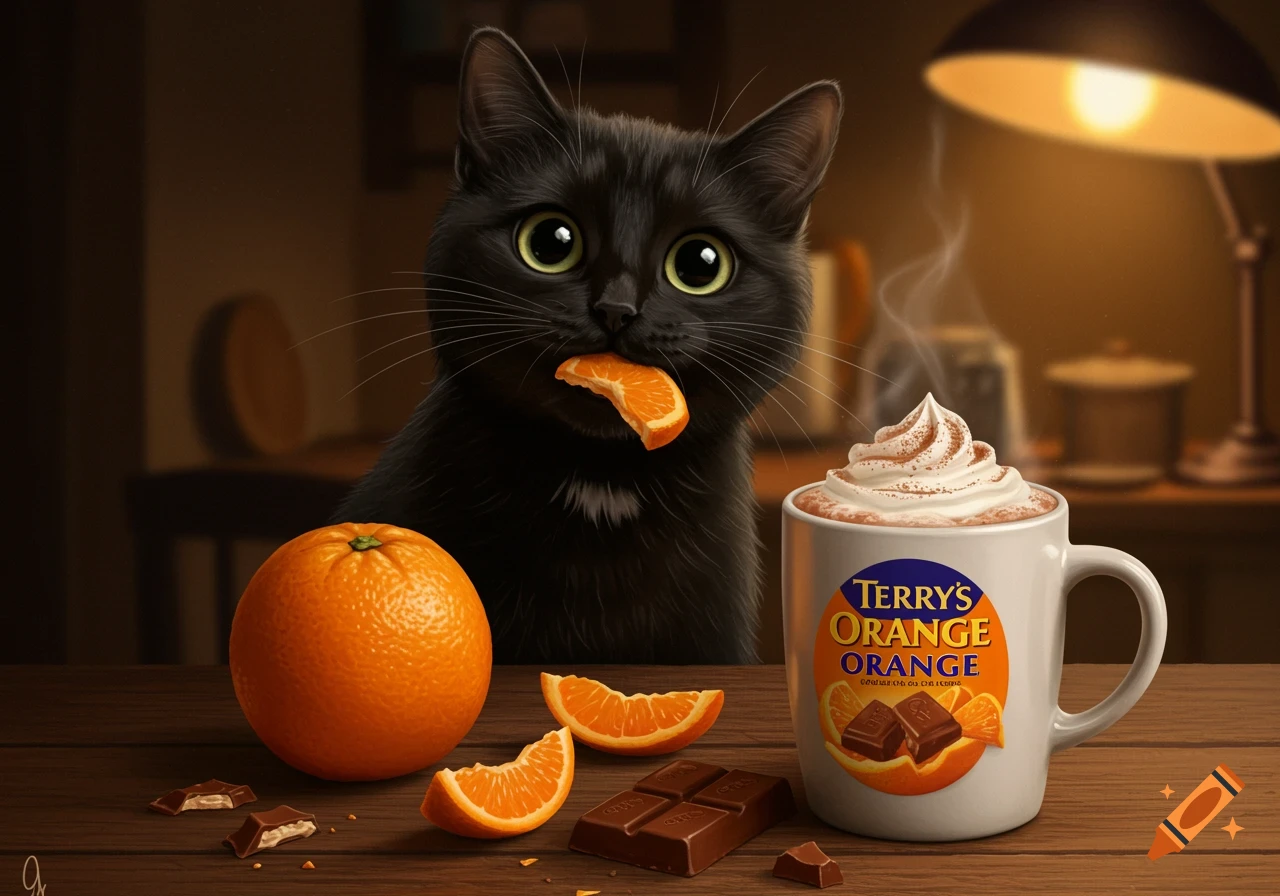 A black cat with big green eyes holds an orange slice in its mouth, sitting behind oranges, chocolate, and a mug of hot chocolate on a wooden table.