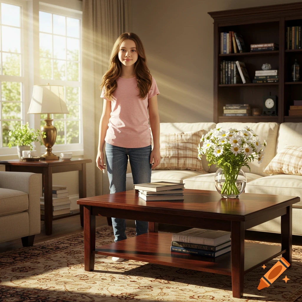 A young girl stands in a sunlit living room with a coffee table and bookshelf.