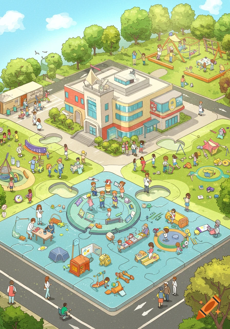 Isometric illustration of a social pediatric center with children and adults on puzzle-shaped grounds, featuring a building, playground, and innovation areas.