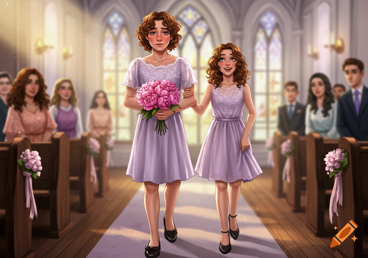 Two girls in lavender dresses walk down the aisle of a church during a wedding, one holding a bouquet of pink peonies.