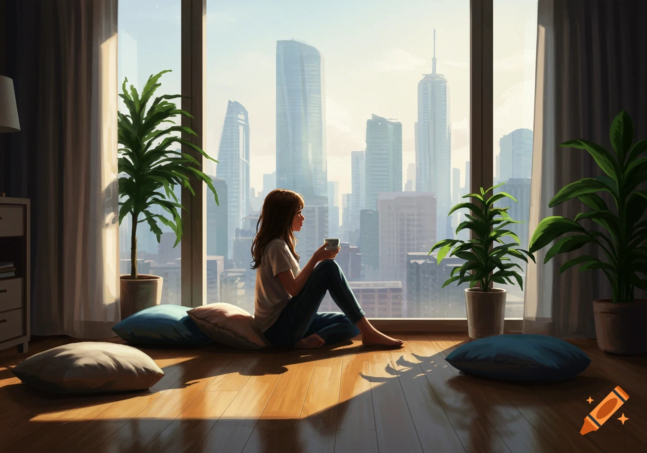 Digital painting of a woman sitting on the floor by a panoramic window, gazing at a city skyline with skyscrapers.