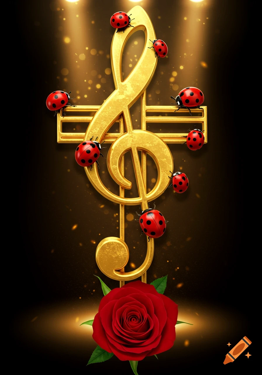 A golden treble clef symbol adorned with several red ladybugs stands against a dark, illuminated background, with a red rose at its base.