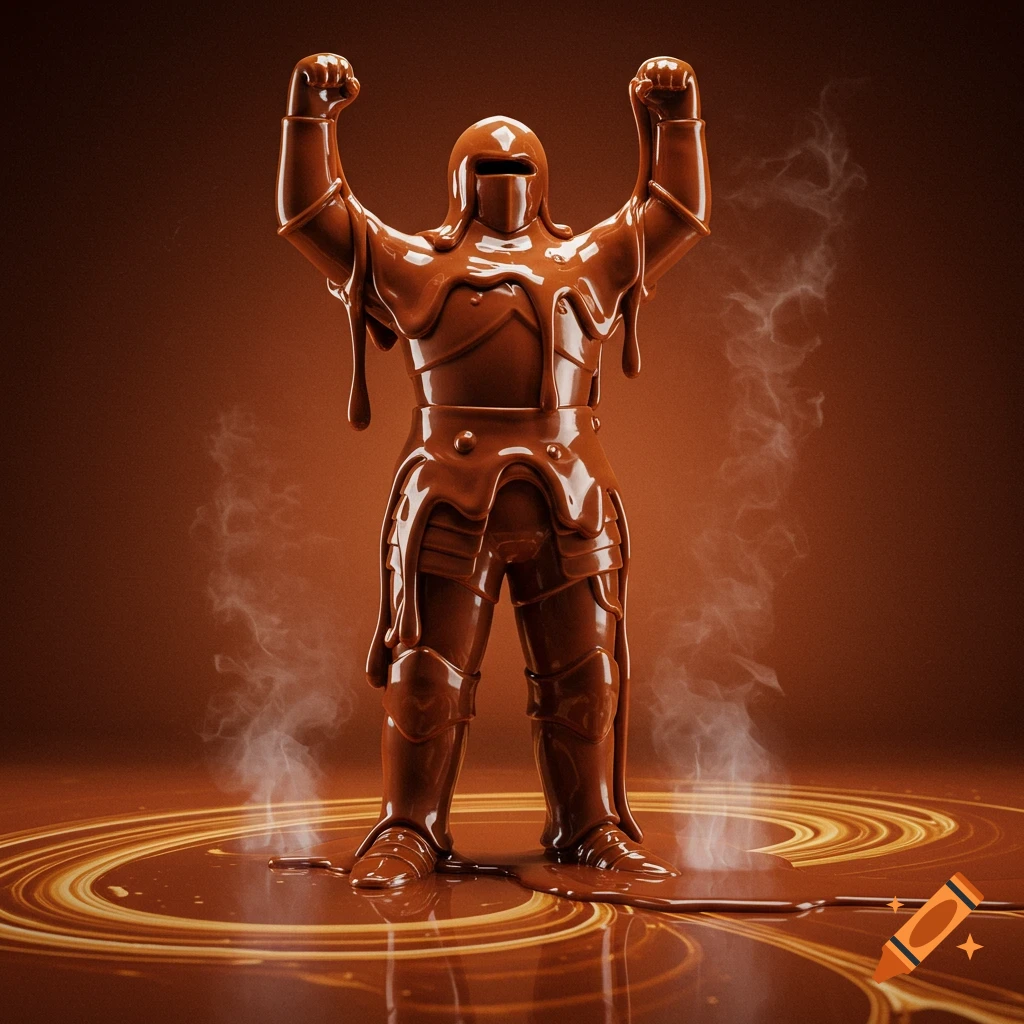 A photorealistic 3D rendering of a knight or soldier figure made entirely of melting chocolate, standing on a chocolate puddle.