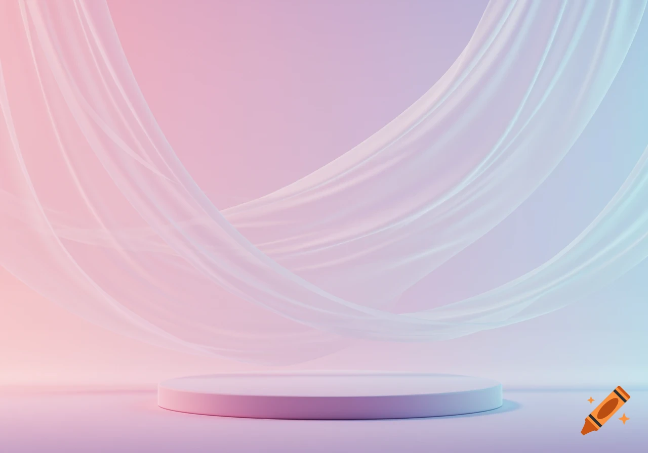 A pastel pink and blue studio background with flowing sheer fabric and a circular podium.